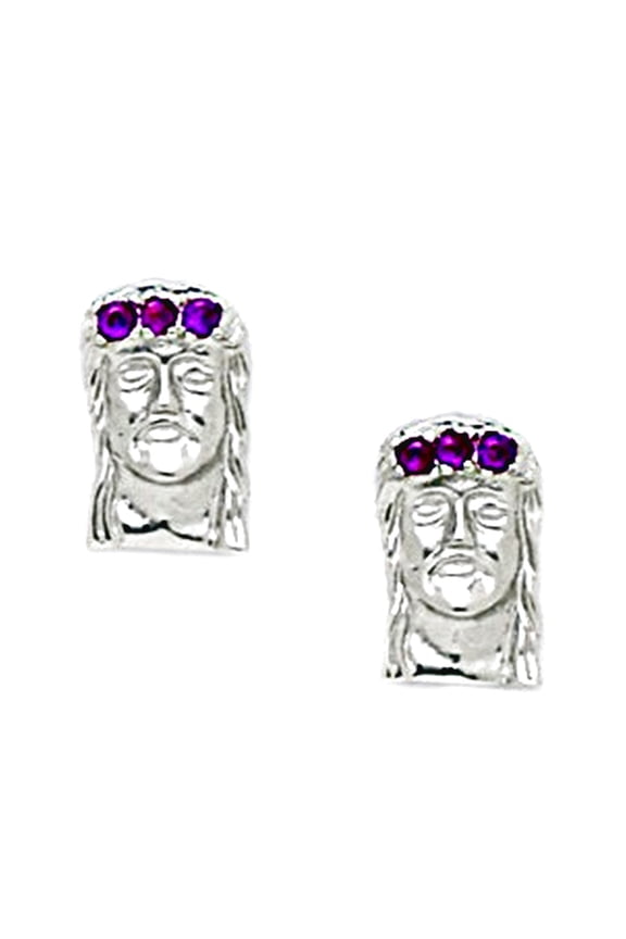 925 Sterling Silver Rhodium Plated Red Cubic Zirconia Religious Faith Inspiration Jesus Face Screw Back Earrings 12x8mm