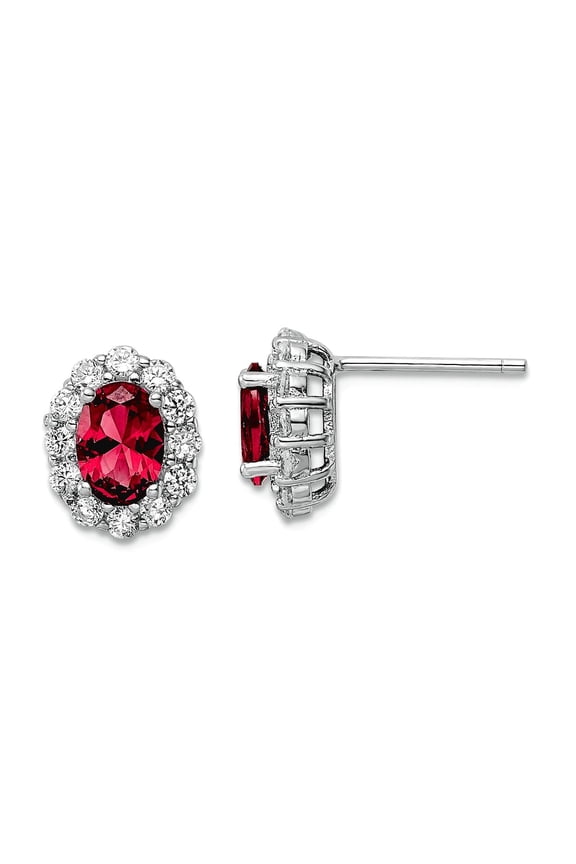 925 Sterling Silver Rhodium Plated Red and White Cubic Zirconia Oval Post Earrings 11.08x9.1mm Wide Stud Earring for Wom