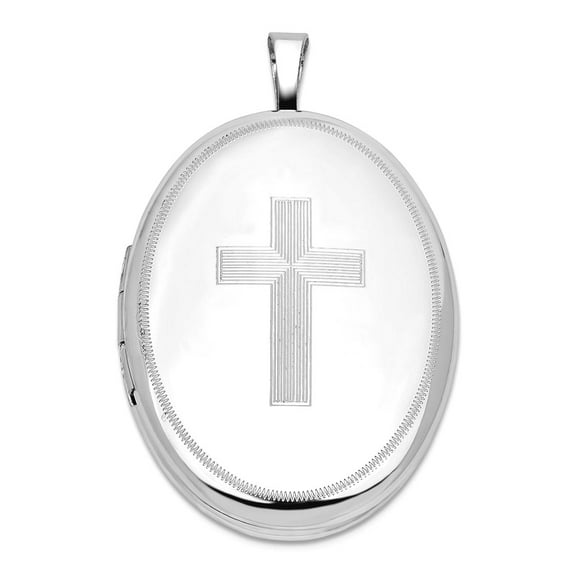 925 Sterling Silver Rhodium Plated Religious Faith Cross 26mm Oval Locket Locket Necklace for Women