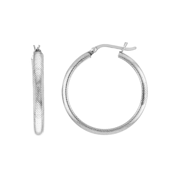925 Sterling Silver Rhodium Plated Rhodium Round Textured Hoop Earrings Hoop Earring for Women