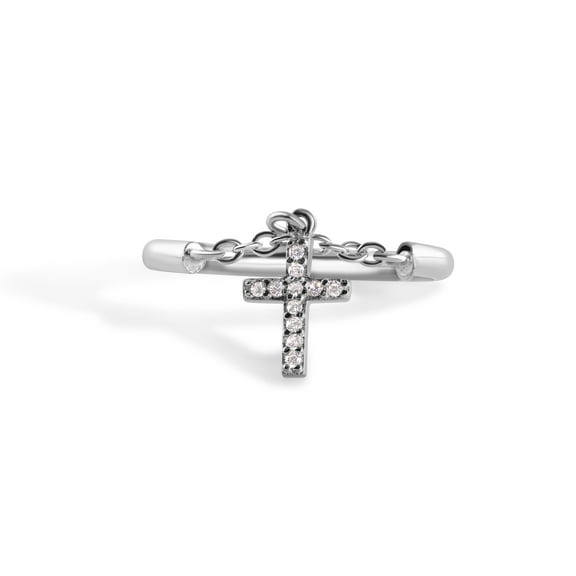 925 Sterling Silver Rhodium Plated Ring Dangling Cross Clear Cubic Zirconia Ring White Female Size 7