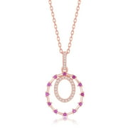 925 Sterling Silver Rhodium Plated/Rose Gold Plated High Polished Created Ruby/Created Sapphire Cubic Zirconia Double Circle 18  Pendant Necklace