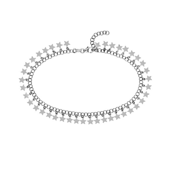 925 Sterling Silver 10 Inch Rhodium Plated Round Link With Hanging Stars Adjustable Anklet Anklet for Women