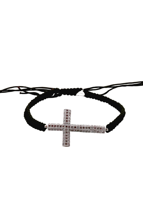 925 Sterling Silver Rhodium Plated Round Religious Faith Cross With Pink Cubic Zirconia Black Macrame Bracelet Link Brac