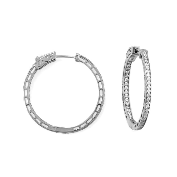 925 Sterling Silver Rhodium Plated Round in Out CZ Hoop Earrings CZ Measure 30mm Across Hidden Click Clo Hoop Earring fo