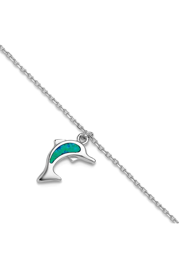 925 Sterling Silver Rhodium Plated Simulated Blue Opal Dolphin With 1in Ext. Anklet 9 Inch 10.9mm Wide Anklet for Women