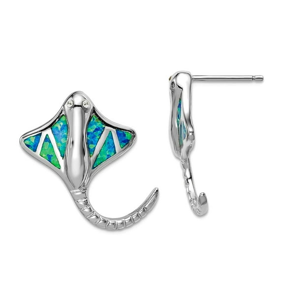 925 Sterling Silver Rhodium Plated Simulated Blue Opal Stingray Post Earrings 21x17.5mm Wide Stud Earring for Women