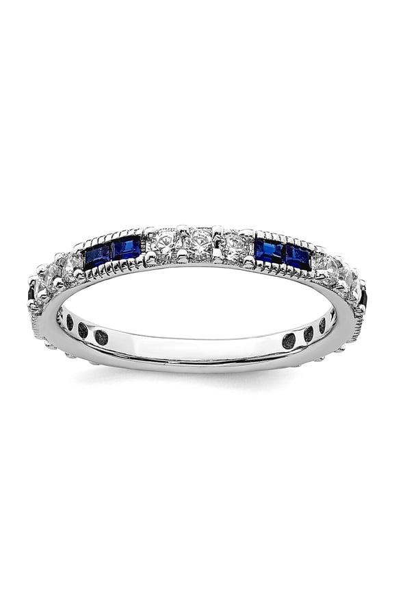 925 Sterling Silver Rhodium Plated Simulated Blue Spinel and Cubic Zirconia Ring Size 6 2.5mm Wide Ring for Women