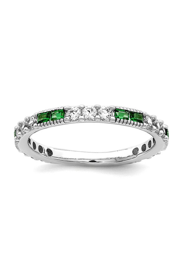 925 Sterling Silver Rhodium Plated Simulated Green Spinel and Cubic Zirconia Band Ring Size 8 2.5mm Wide Ring for Women
