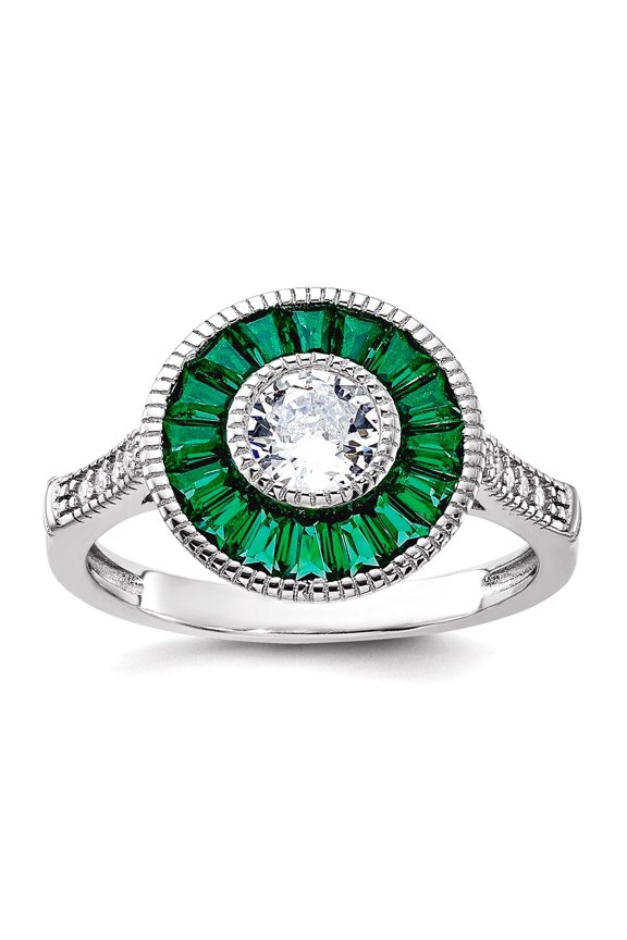 925 Sterling Silver Rhodium Plated Simulated Green Spinel and Cubic Zirconia Ring Size 8 1.94mm Wide Ring for Women