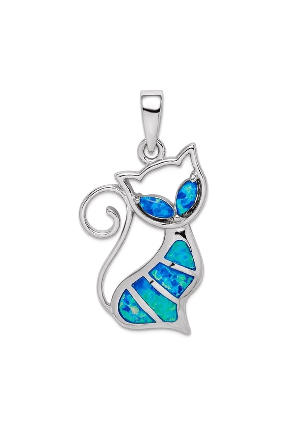 925 Sterling Silver Rhodium Plated Simulated Opal Cat Pendant Necklace 27.31x15.37mm Wide 3.34mm Thick Pendant for Women