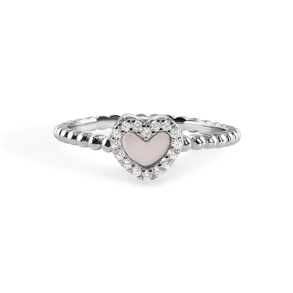 925 Sterling Silver Rhodium Plated Simulated Opal Heart Band Ring White Cubic Zirconia Female Size 5