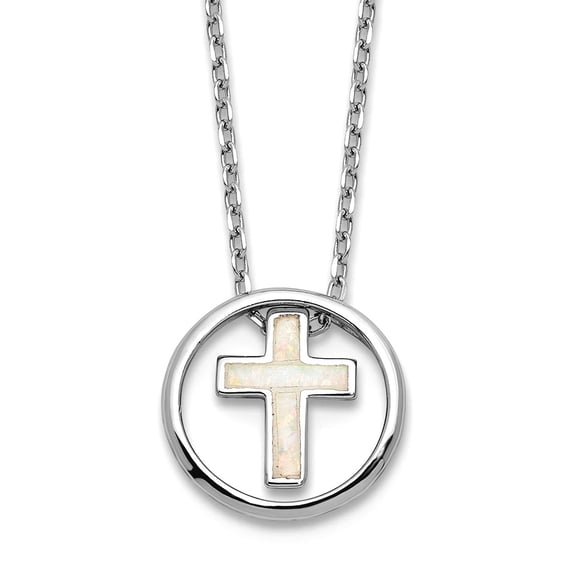 925 Sterling Silver Rhodium Plated Simulated Opal Inlay Religious Faith Cross With 2in Extension Necklace 16 Inch 12.4mm
