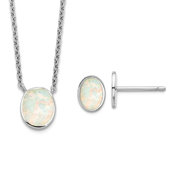 925 Sterling Silver Rhodium Plated Simulated Opal Inlay With 1.75inch Extension Necklace Earrings Set Jewelry Set for Wo