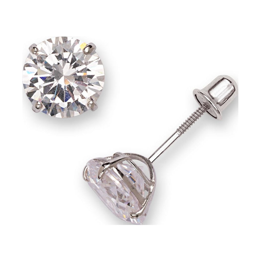 925 Sterling Silver Rhodium Plated Solitaire Round CZ Stud Screw Back Earrings (3mm-7mm) (4-mm) Stud Earring for Women