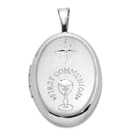 925 Sterling Silver Rhodium Plated Sparkle-Cut First Communion 19x15mm Oval Locket Locket Necklace for Women