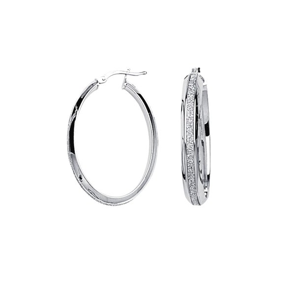 925 Sterling Silver Rhodium Plated Sparkle Large Oval Domed Hoop Earrings Hoop Earring for Women