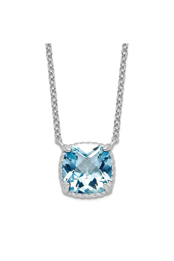 925 Sterling Silver Rhodium Plated Square Blue Topaz With 2 In Extension Necklace 16 Inch 9mm Wide Pendant Necklace for