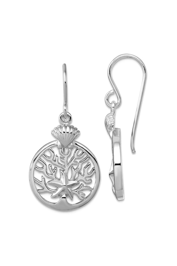 925 Sterling Silver Rhodium Plated Starfish and Scallop Shell Reef Long Drop Dangle Earrings 31x15.3mm Wide Dangle Earri