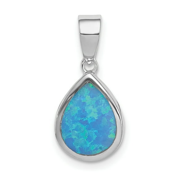 925 Sterling Silver Rhodium Plated Synthetic Opal Polished Teardrop Shaped Pendant