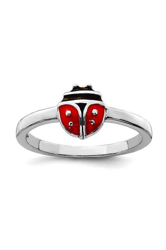 925 Sterling Silver Rhodium Plated Enameled Ladybug Ring Size 3 7.14mm Wide Ring - 1.4 Grams
