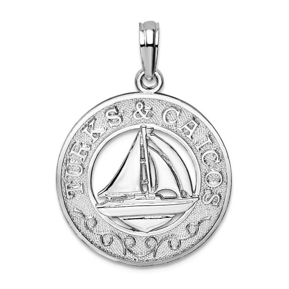 925 Sterling Silver Rhodium Plated Textured Turks Caicos With Sailboat Pendant Necklace 25.39mm long Pendant for Women