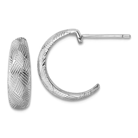 925 Sterling Silver Rhodium Plated Textured Woven Design Post J-hoop Earrings 14.9x13.8mm Wide 4.9mm Thick Hoop Earring