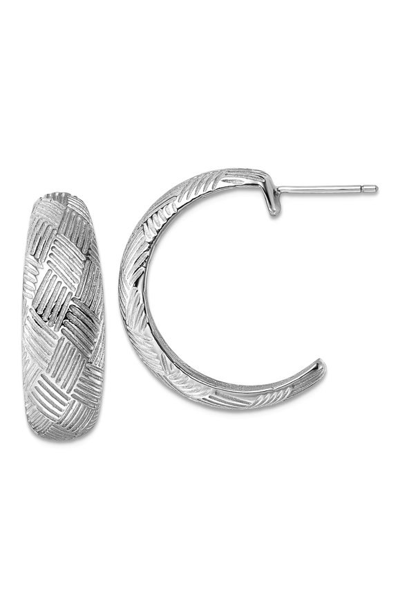 925 Sterling Silver Rhodium Plated Textured Woven Design Post J-hoop Earrings 24.8x18.7mm Wide 8.2mm Thick Hoop Earring