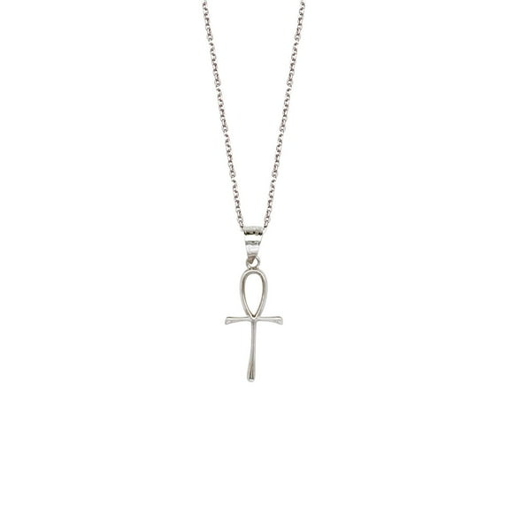 925 Sterling Silver Rhodium Plated Thin Ankh Religious Faith Cross Adjustable Necklace Sparkle-Cut Cable Chain 18 Inch C