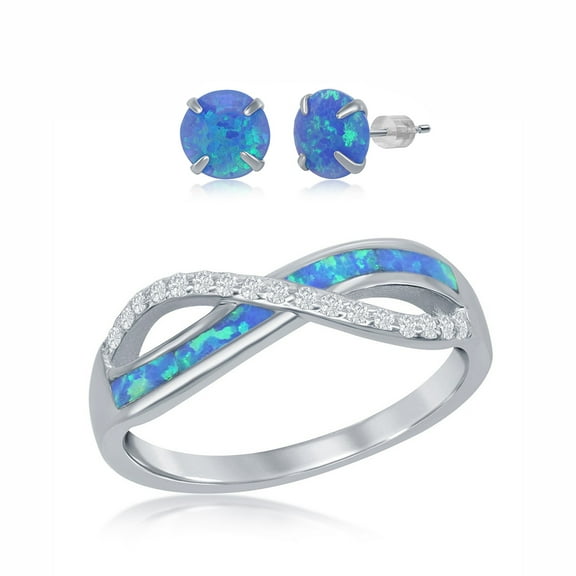 925 Sterling Silver Rhodium Plated White/Blue Inlay Created Opal with Cubic Zirconia Infinity Ring Including 6mm Round Blue Created Opal Stud Earrings Jewelry Set