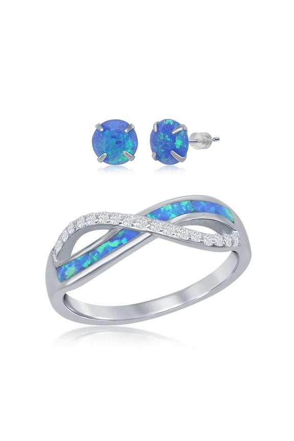 925 Sterling Silver Rhodium Plated White/Blue Inlay Created Opal with Cubic Zirconia Infinity Ring Including 6mm Round Blue Created Opal Stud Earrings Jewelry Set