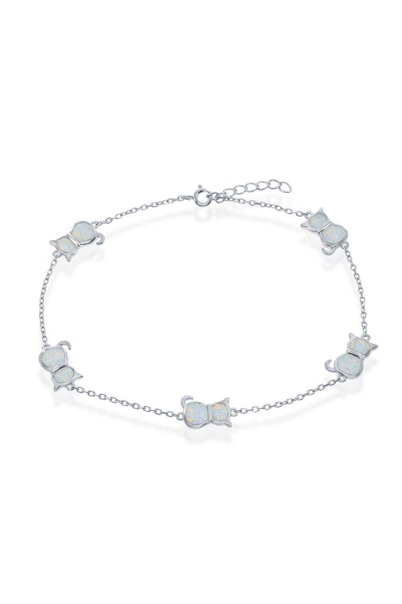 925 Sterling Silver Rhodium Plated White Created Opal Cat Design 9+1’’ Charm Anklet/Bracelet Jewelry for Women or Teens