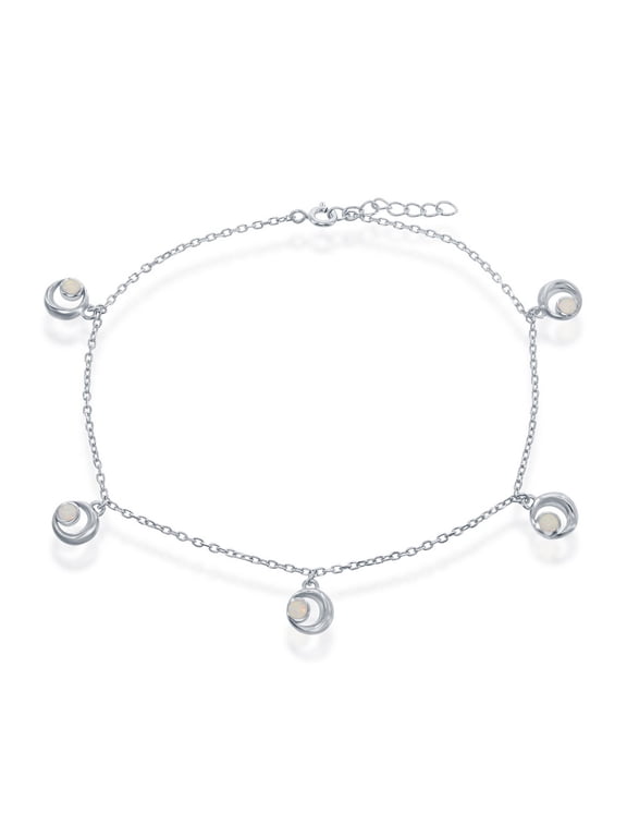 925 Sterling Silver Rhodium Plated White Created Opal Crescent Moon Design 9+1’’ Charm Anklet/Bracelet Jewelry for Women or Teens