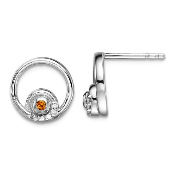 925 Sterling Silver Rhodium Plated White Ice .03ct. Diamond and Citrine Post Earrings 10x10mm Wide Stud Earring for Wome