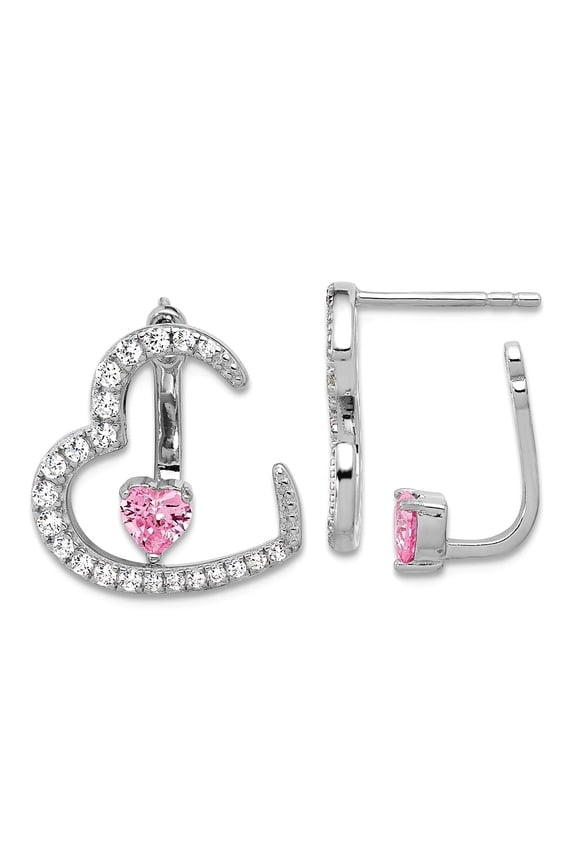 925 Sterling Silver Rhodium Plated White and Pink Cubic Zirconia Love Heart With Jacket Post Earrings 15.6x15.6mm Wide E