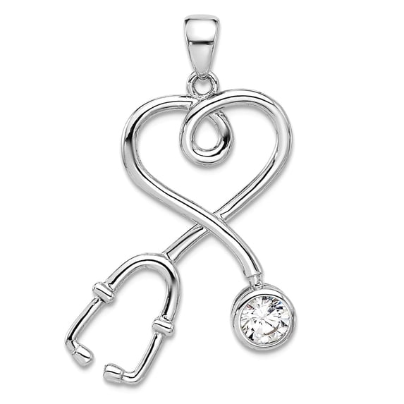 925 Sterling Silver Rhodium Plated With Cubic Zirconia Stethoscope With Love Heart Pendant Necklace 32.6x19.6mm Wide 2.6