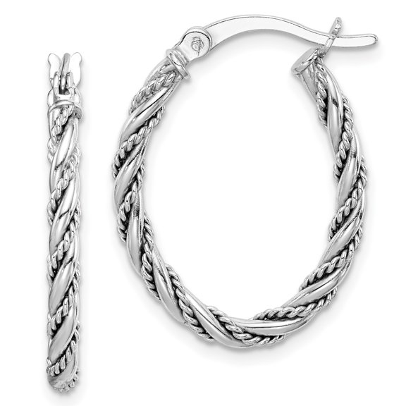 925 Sterling Silver Rhodium Plated Women's 2.5mm Braided Twisted Tube Oval Hoop Earrings | 19mm