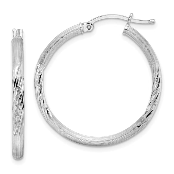 925 Sterling Silver Rhodium Plated Women's Satin Finish & Diamond Cut Tube 2.5mm Hoop Earrings | 30mm