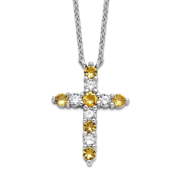 925 Sterling Silver Rhodium Plated Yellow CZ Nov Religious Faith Cross With 2inch Extension Necklace 15.04mm Wide Pendan