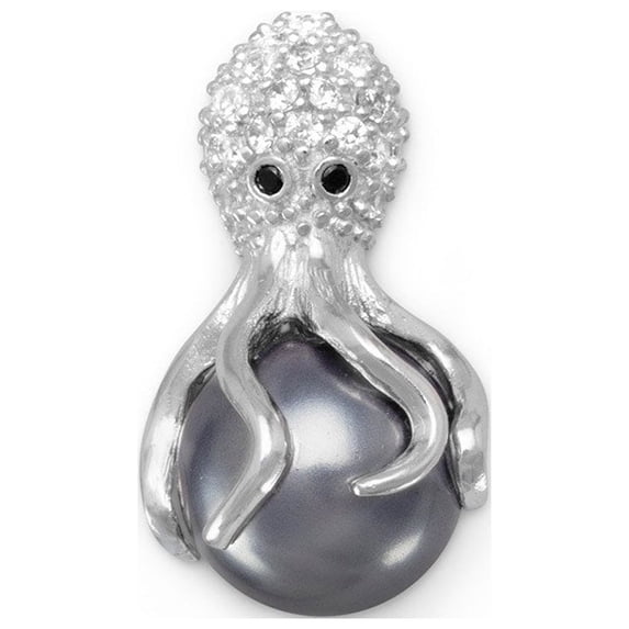 .925 Sterling Silver Rhodium Plated and Simulated Pearl Octopus Women's Pendant