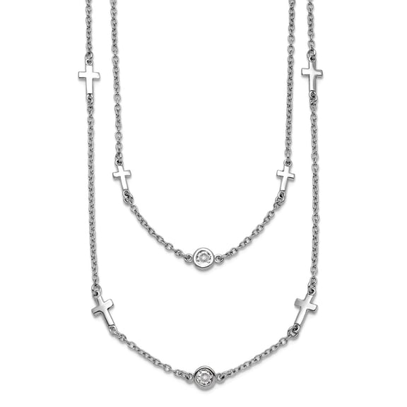 925 Sterling Silver Rhodium PlatedCZ Religious Faith Cross Multi-strand With 2inch Extension Necklace 16 Inch Strand Nec