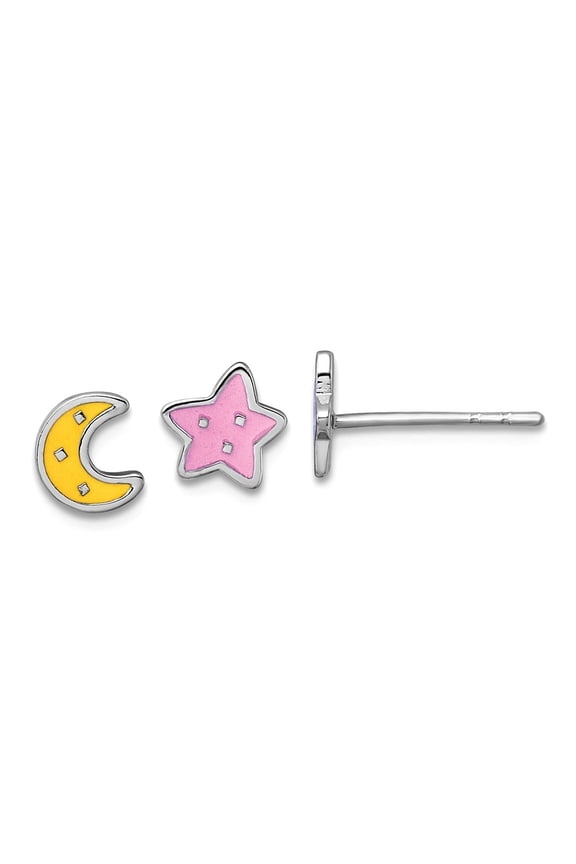925 Sterling Silver Rhodium Platedenamel Celestial Moon Star Mismatched Post Earrings 6x6.3mm Wide Stud Earring