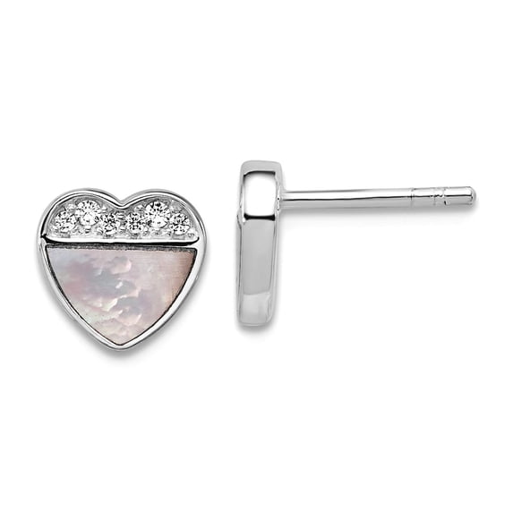 925 Sterling Silver Rhodium Platedpolished Cubic Zirconia Simulated Mother of Pearl Love Heart Post Earrings Stud Earrin