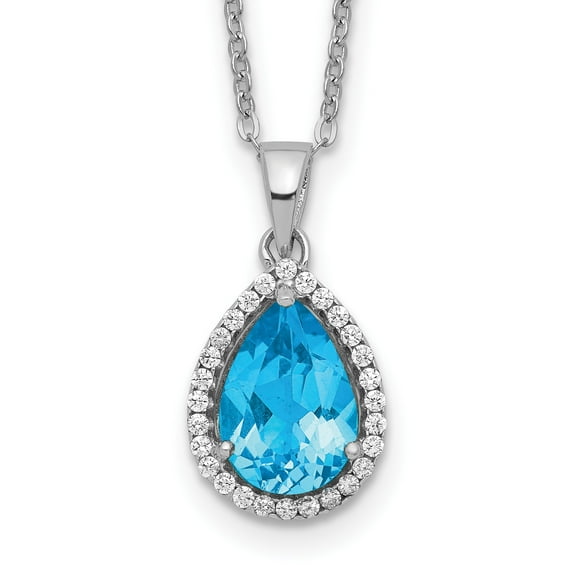 925 Sterling Silver Rhodium Polished Blue Topaz and Cubic Zirconia Necklace