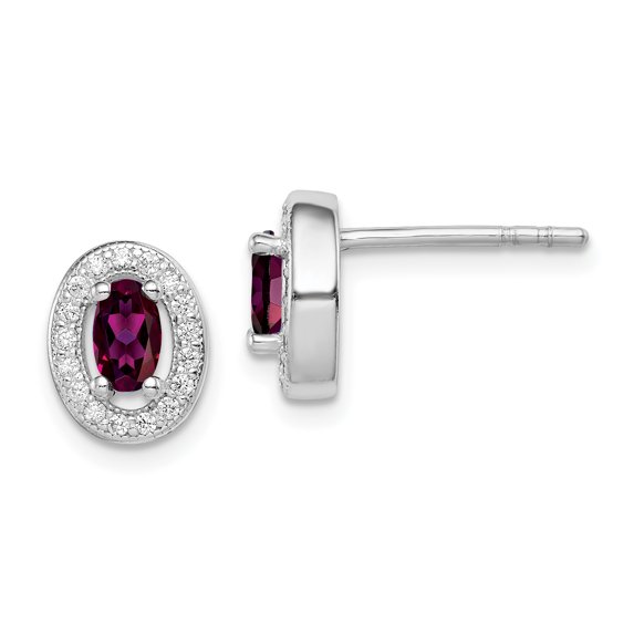 925 Sterling Silver Rhodium Polished January Red & White CZ Oval Post Earrings