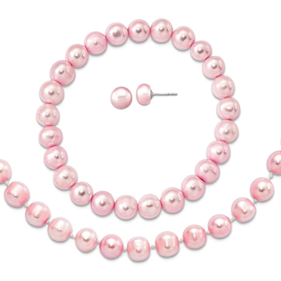 925 Sterling Silver Rhodium-p 7-8mm Pink Freshwater Cultured Pearl Earrings Bracelet Necklace Set Jewelry Set for Women