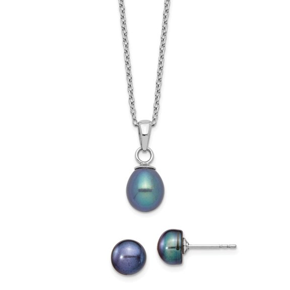 925 Sterling Silver Rhodium-plated 6-7mm Black Imitation Shell Pearl Dangle Necklace Earrings Set