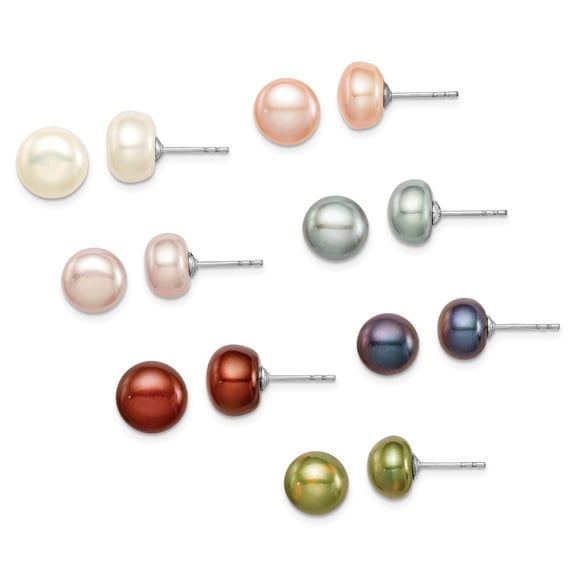 925 Sterling Silver Rhodium-plated 7 Pairs 8-9mm Freshwater Cultured Pearl Stud Earring Set