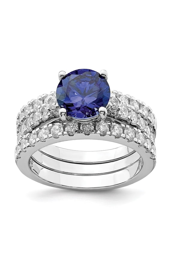 925 Sterling Silver Rhodium-plated 8mm Blue Cubic Zirconia ( CZ ) Ring & 2 Cubic Zirconia ( CZ ) Band Set