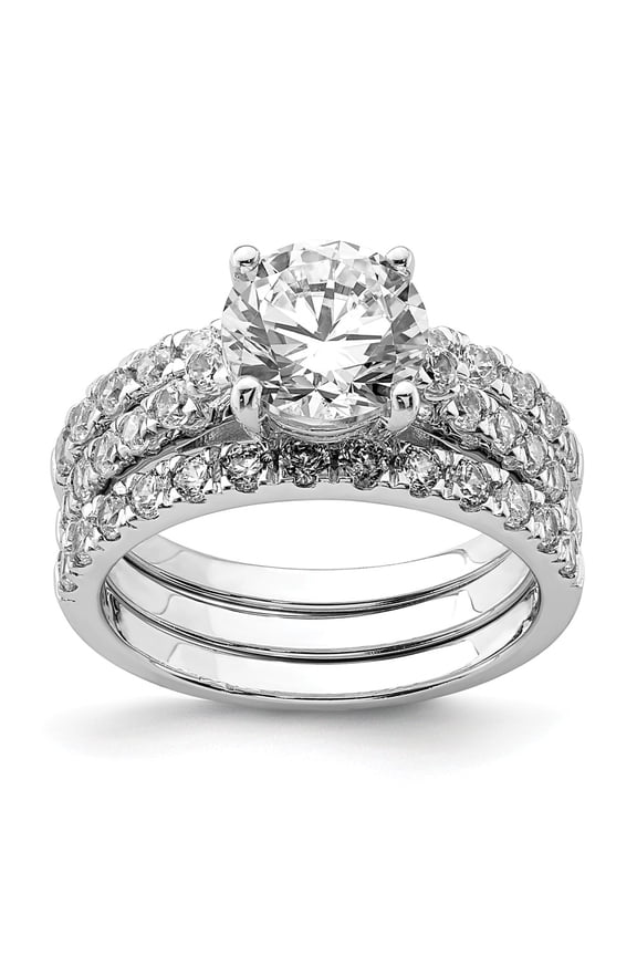 925 Sterling Silver Rhodium-plated 8mm Cubic Zirconia ( CZ ) Ring & 2 Cubic Zirconia ( CZ ) Band Set